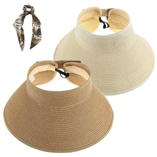 Women Summer Wide Brim Roll Up Packable Bow Tie Straw Visor Sun Hat 